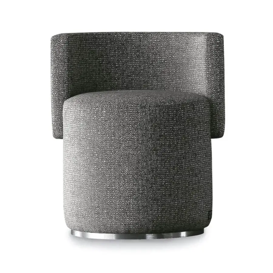 Distinguished Rugiano Love Seat ottoman upholstered in textured gray fabric with a sleek reflective steel base