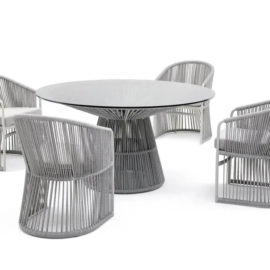 Distinguished Varaschin Tibidabo armchair with Silk Grey structure and Perla Rope weaving for upscale outdoor spaces