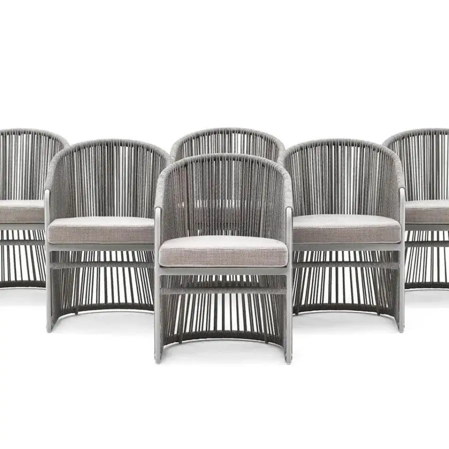 Elegant Varaschin Tibidabo armchair with Silk Grey frame and Perla Rope weaving, fitted with a light gray textile cushion