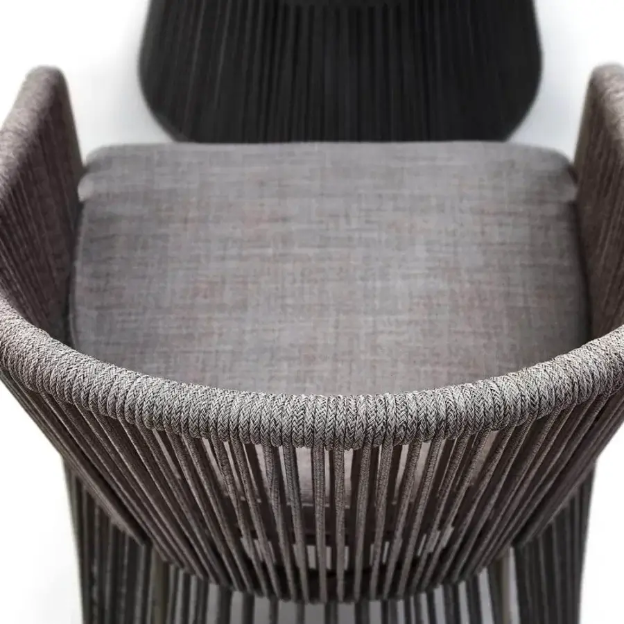 Sophisticated Varaschin Tibidabo armchair with woven Perla Brown Rope and sleek grey frame built for terraces