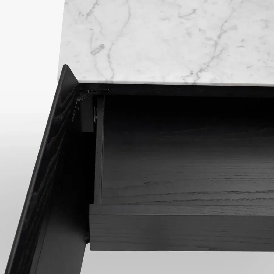Exclusive Potocco Avant sideboard with veneered ash, dark matte finish and a complementing marble top