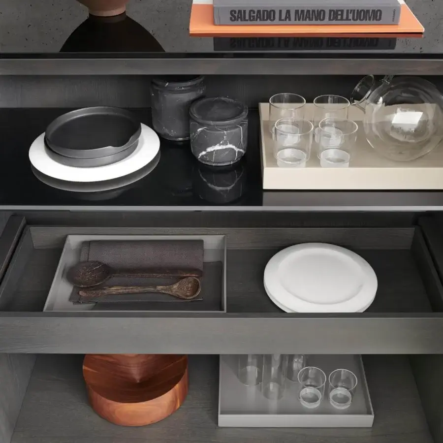 Elegant Potocco Avant sideboard crafted in veneered ash with black back-painted glass shelves and a dark finish
