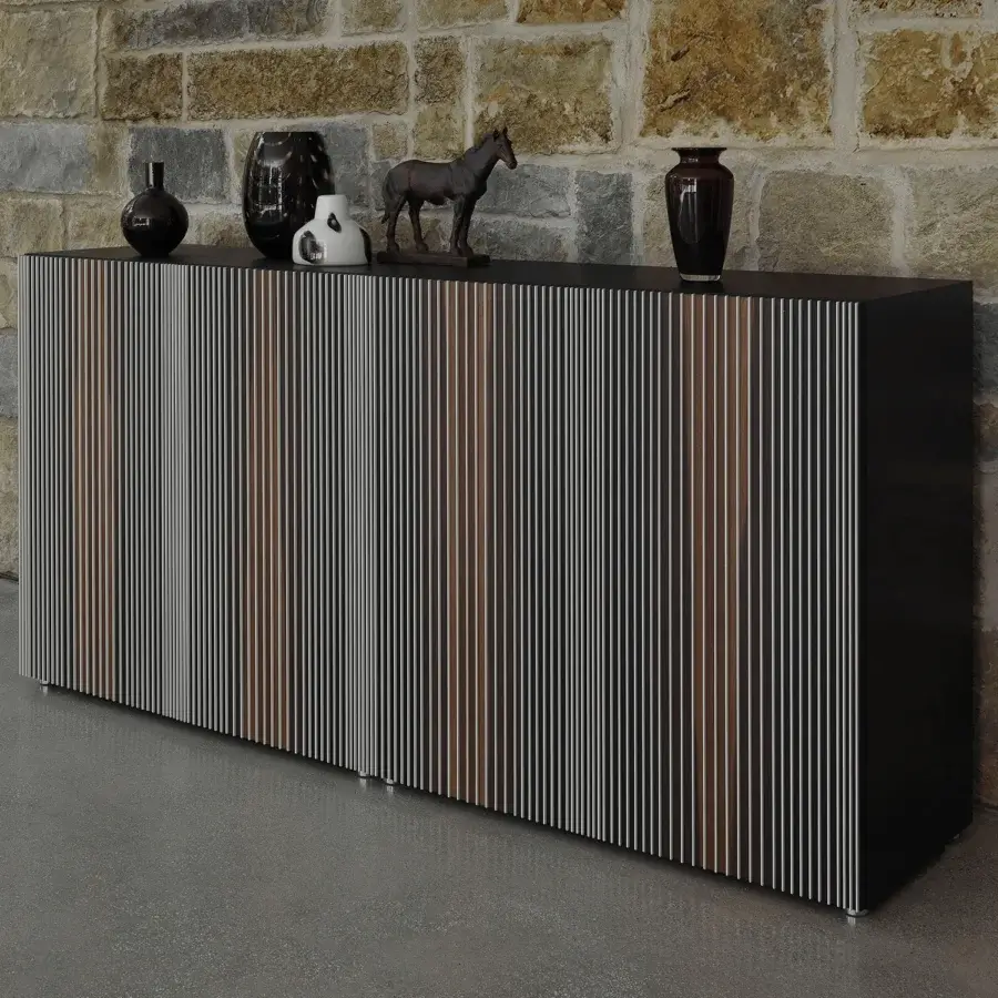 Distinguished Horm Carlos sideboard with vertical white laminate inserts and thermo-treated oak veneer, finished in glossy lacquer