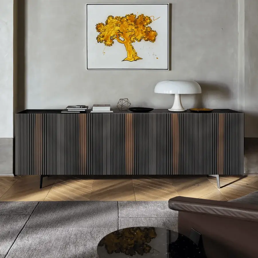 Exclusive Horm Carlos sideboard with matte black lacquer and alternating dark light vertical slats built with premium wood veneer