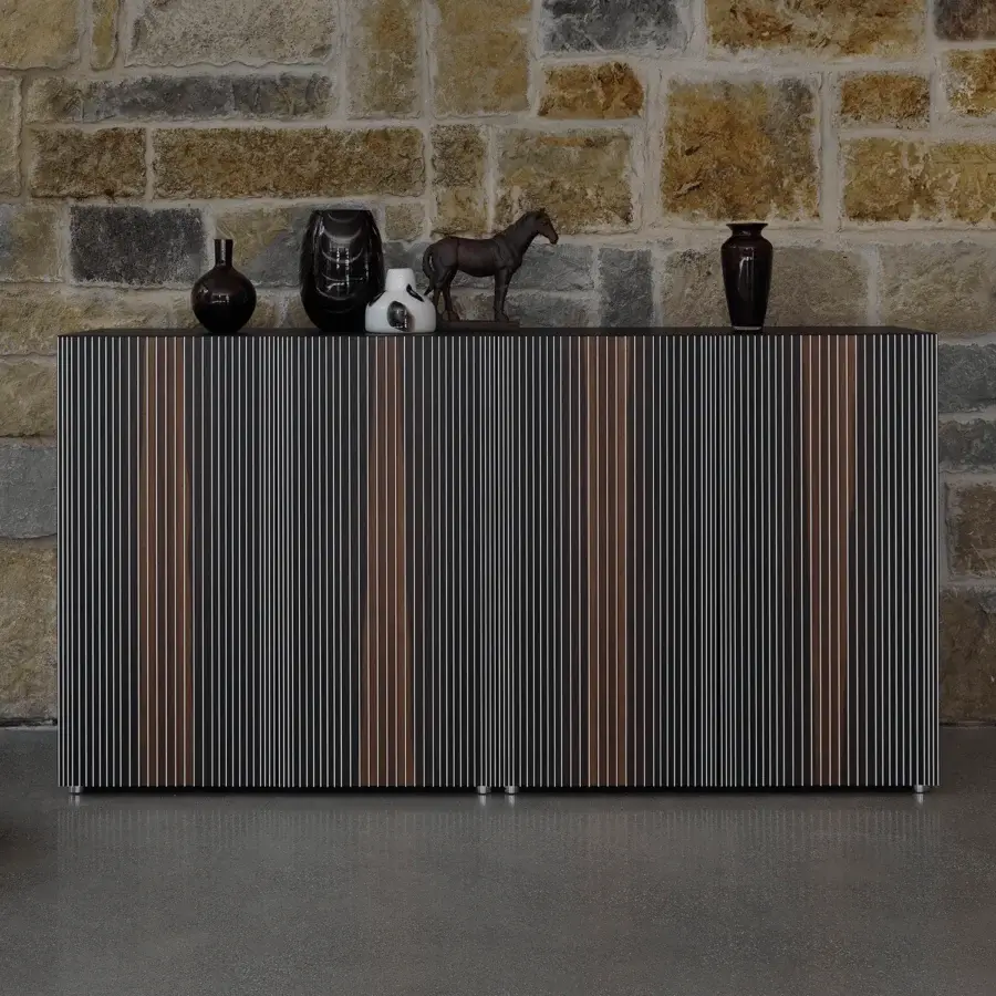 Captivating Horm Carlos sideboard with alternating dark wood veneer and thin light-colored vertical inserts with a sleek metallic base