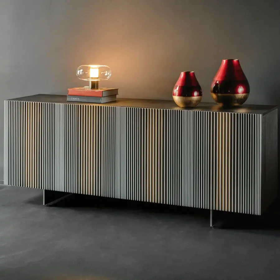 Superior Horm Carlos sideboard with striped linear pattern across wood veneer and transparent tempered glass shelving with matte lacquer