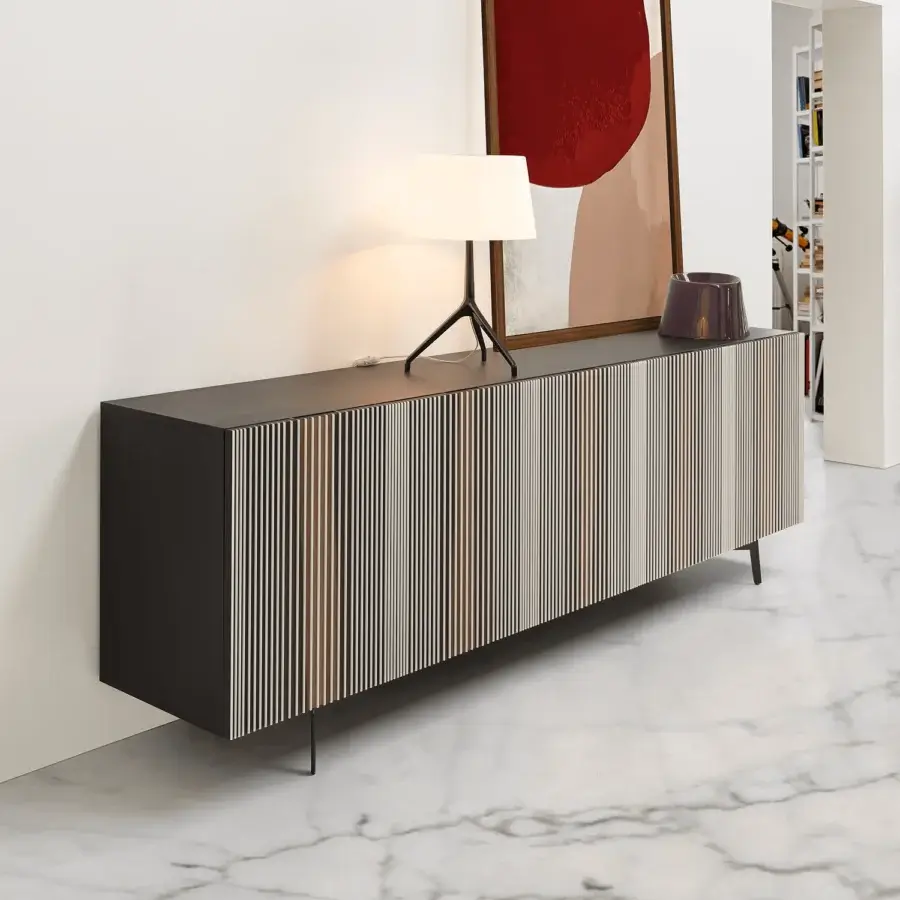 Distinguished Horm Carlos sideboard with captivating striped doors in alternating light and medium brown wood veneer and matte lacquered finish