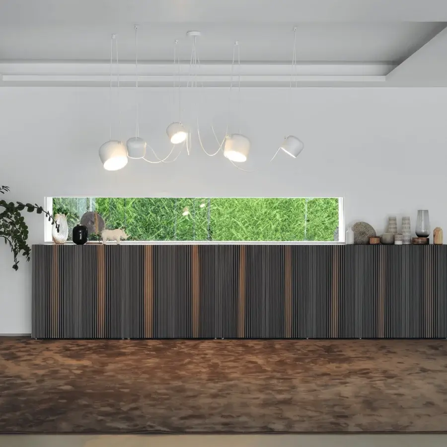 Exclusive Horm Carlos sideboard with shifting vertical stripes in dark brown wood veneer and matte finish
