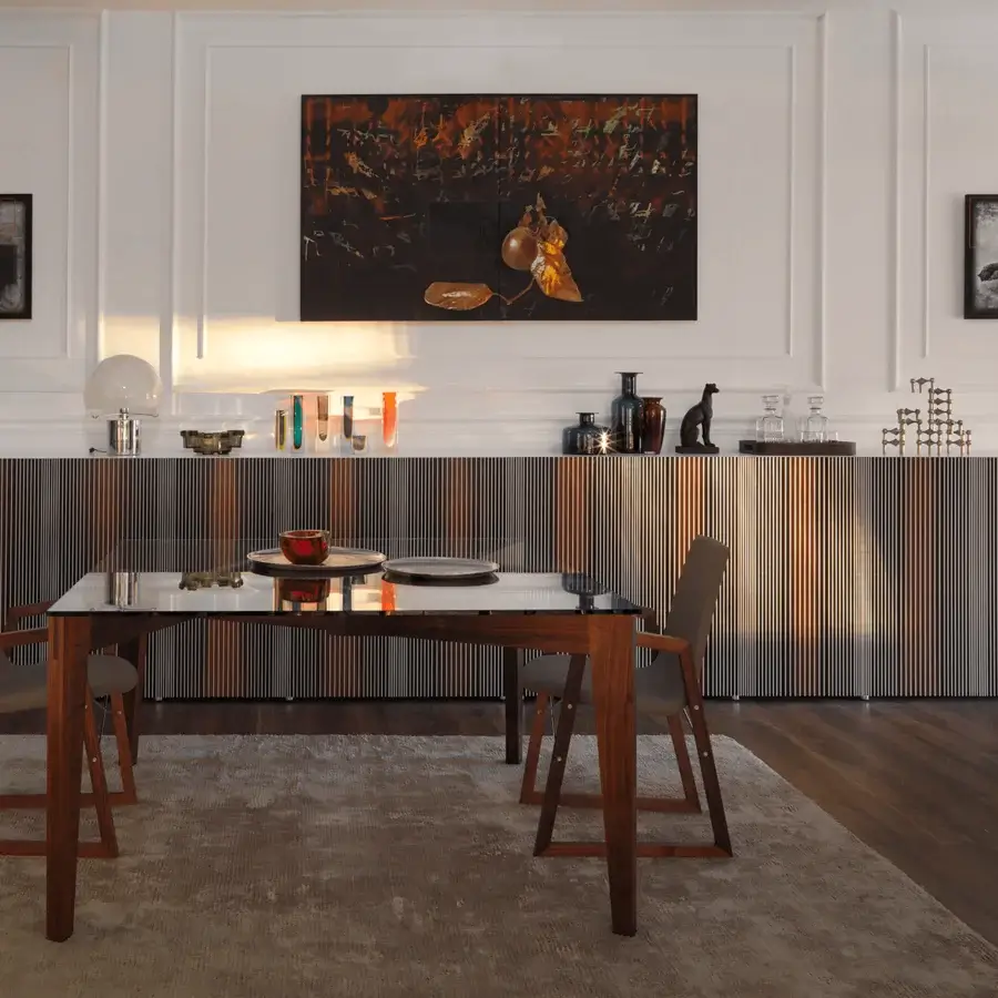 Captivating Horm Carlos sideboard with striped wood veneer in warm browns and beiges, showcasing a stained finish