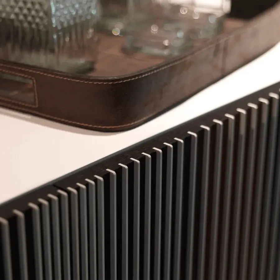 Distinguished Horm Carlos sideboard with a visually striking slatted front in dark wood veneer and white laminate