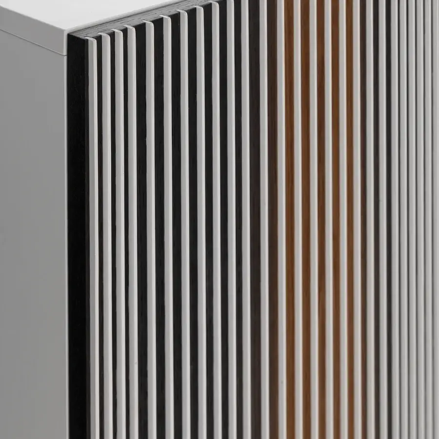Exceptional Horm Carlos sideboard with vertical wood veneer slats and white laminate inserts in a matte light gray lacquered finish
