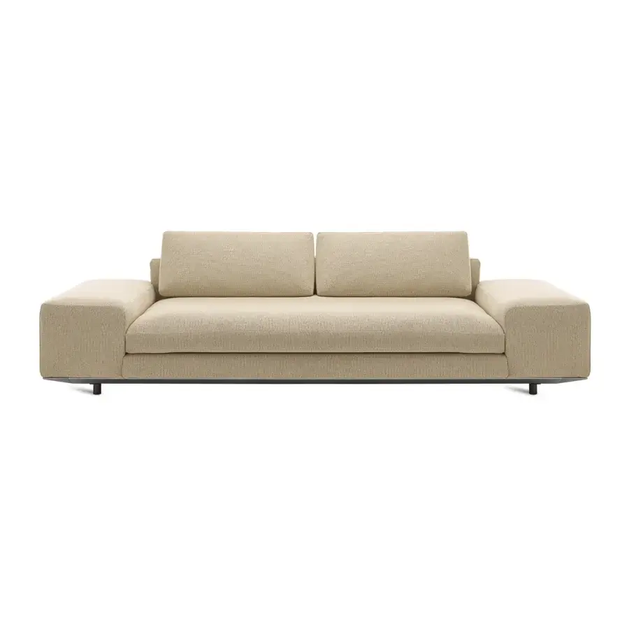 Superior Horm Miles sectional sofa with light beige textile upholstery and a sleek hidden aluminum foot