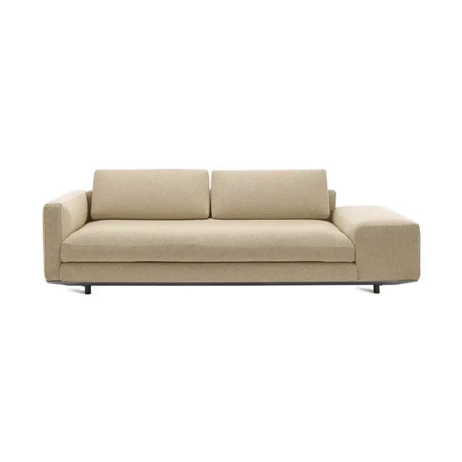 Exceptional Horm Miles sectional sofa with light beige textured textile upholstery and low-profile aluminum base