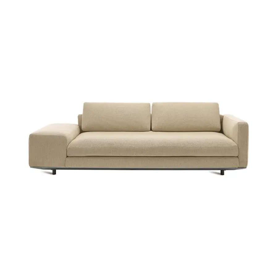 Elegant Horm Miles sectional sofa with light beige textured textile and ecological aluminum frame built with dark metal legs