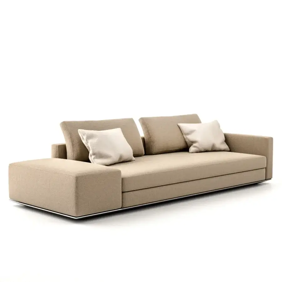 Superior Horm Miles sectional sofa with light brown textile upholstery and reflective metal trim base