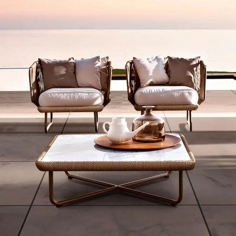 Exceptional Varaschin Babylon lounge chair with hand-woven varnished aluminum and neutral synthetic fiber rope construction