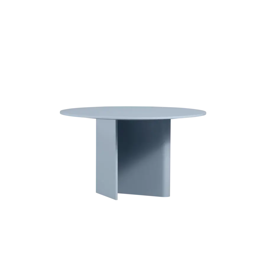 Exceptional Miniforms Nami table with bent wood base lacquered in light blue and smooth matte finish