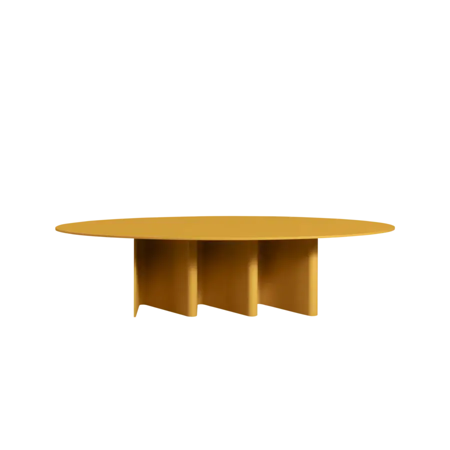 Superior Miniforms Nami table with a round tabletop and uniquely curved bent wood base in matte mustard yellow lacquer