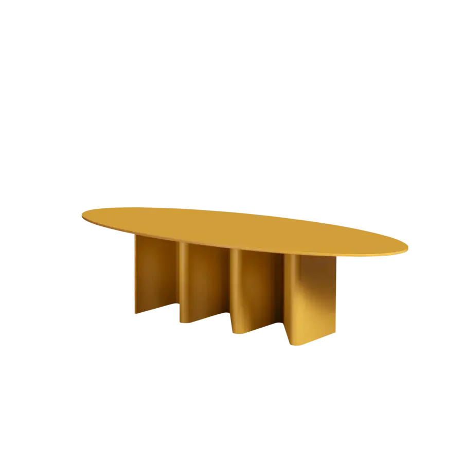 Distinguished Miniforms Nami table crafted with bent wood supporting a matte mustard yellow lacquered oval tabletop