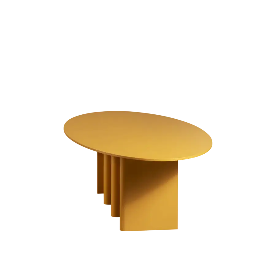 Exceptional Miniforms Nami table crafted with bent wood and a matte mustard yellow lacquered oval top