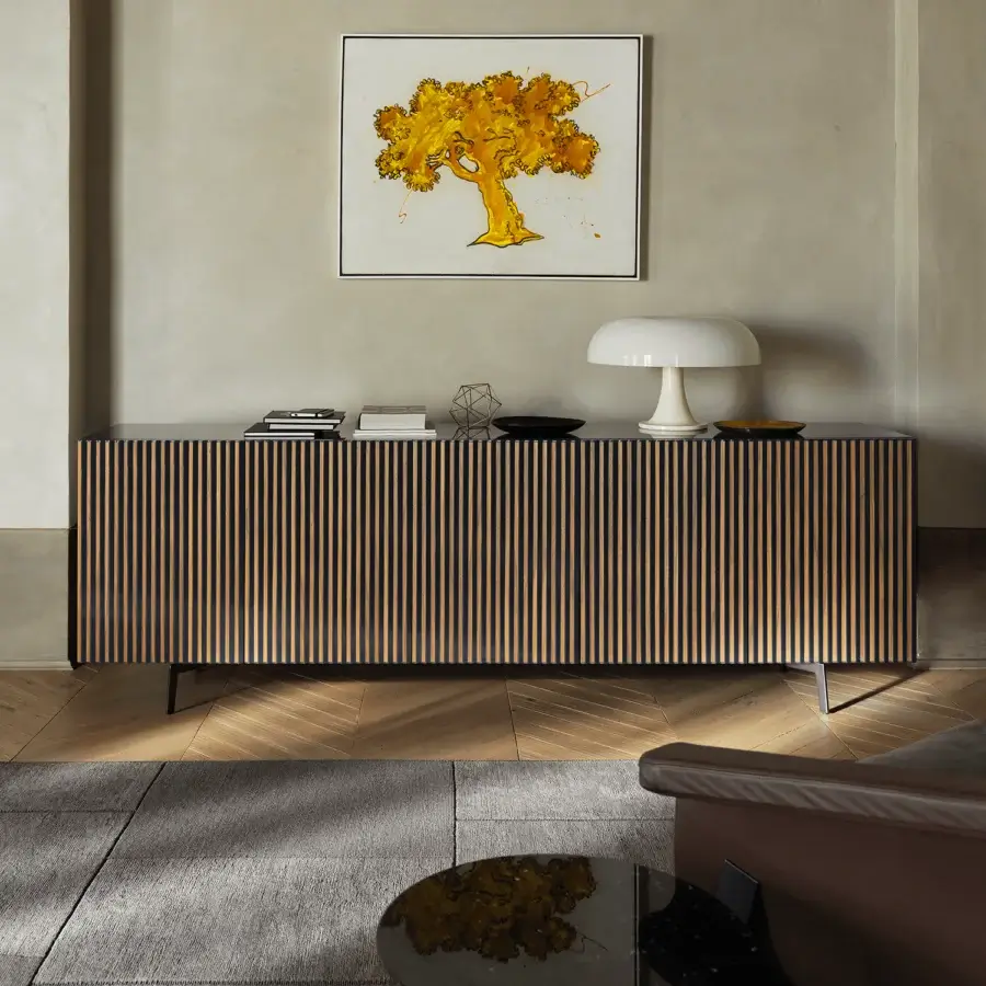 Distinguished Horm Leon sideboard crafted with canaletto walnut inserts displaying multi-colored stripes and angled metal legs