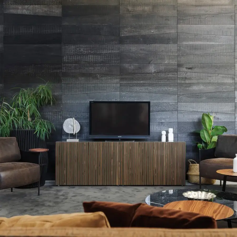 Sophisticated Horm Leon sideboard with canaletto walnut inserts creating optical effects via multi-colored stripes in medium brown tones