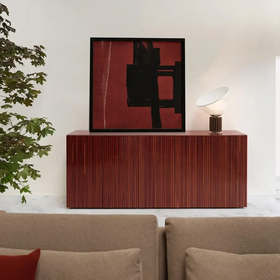 Captivating Horm Leon sideboard with standpoint-dependent stripes and canaletto walnut inserts in glossy lacquered finish