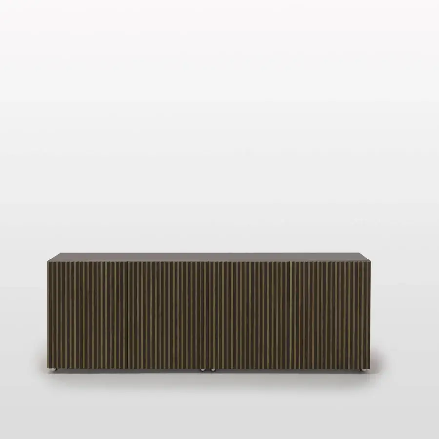 Exceptional Horm Leon sideboard with vertical canaletto walnut inserts and matte lacquered finish on slim metallic legs
