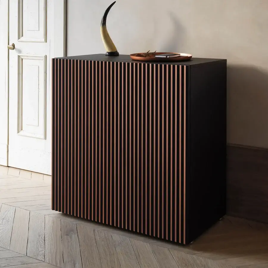 Superior Horm Leon sideboard with captivating multi-colored stripes crafted in matte black wood
