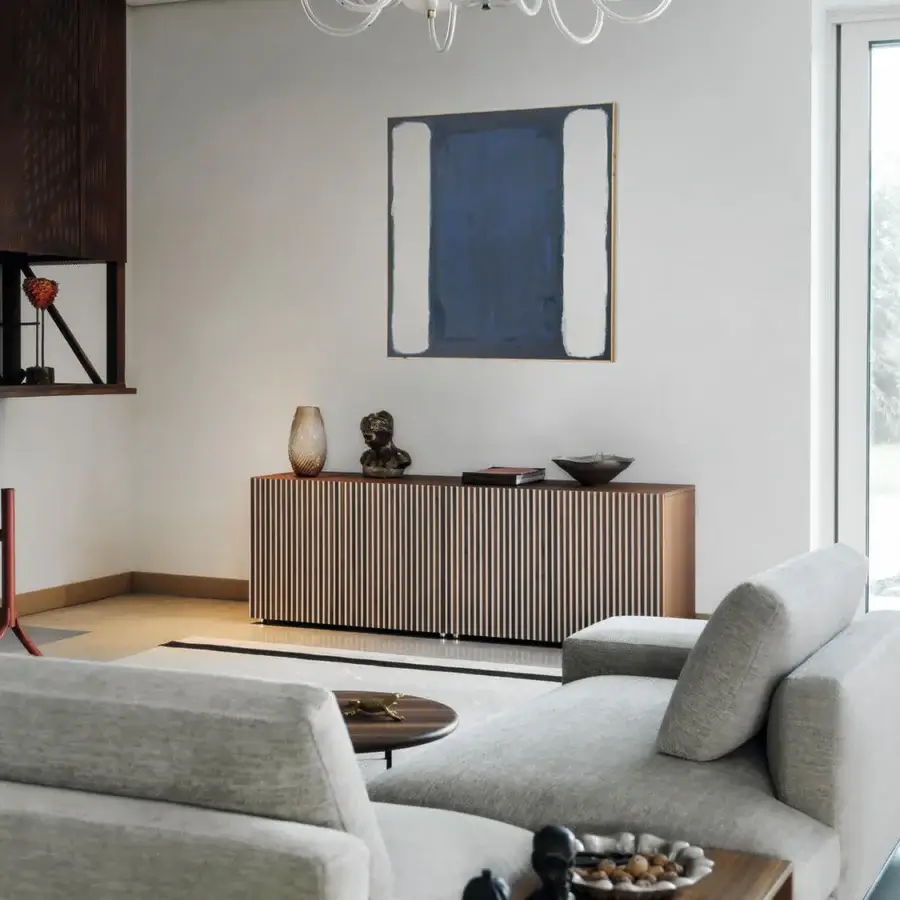 Innovative Horm Leon sideboard with standpoint-dependent stripes crafted in medium-toned wood and smooth dark top
