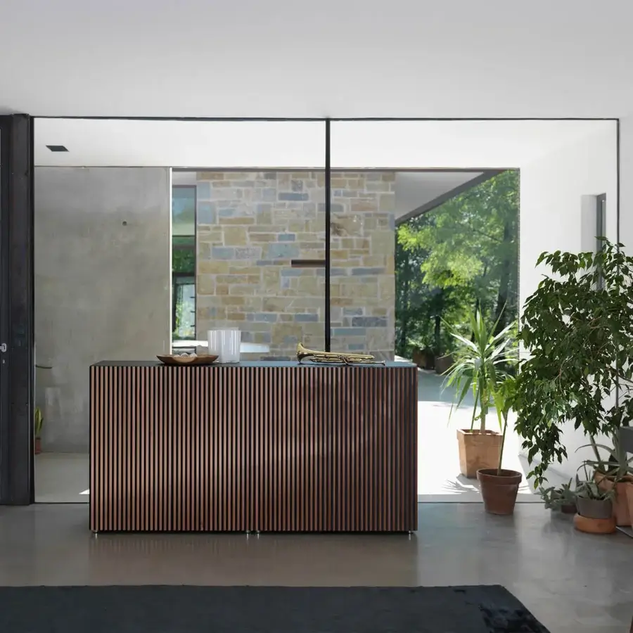 Distinguished Horm Leon sideboard with captivating optical effect crafted in dark brown wood and standpoint-dependent visualization