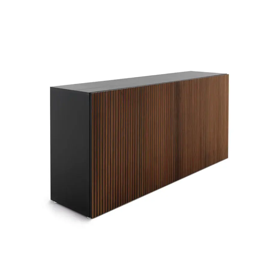 Elegant Horm Leon sideboard built in wood with multi-colored vertically slatted doors and contrasting dark material finish