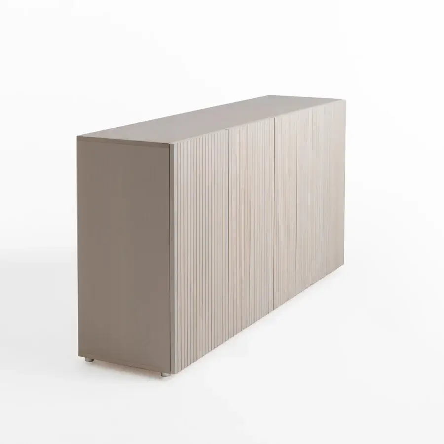 Distinguished Horm Leon sideboard crafted in wood with a light neutral finish exhibiting captivating vertical stripes and cylindrical feet