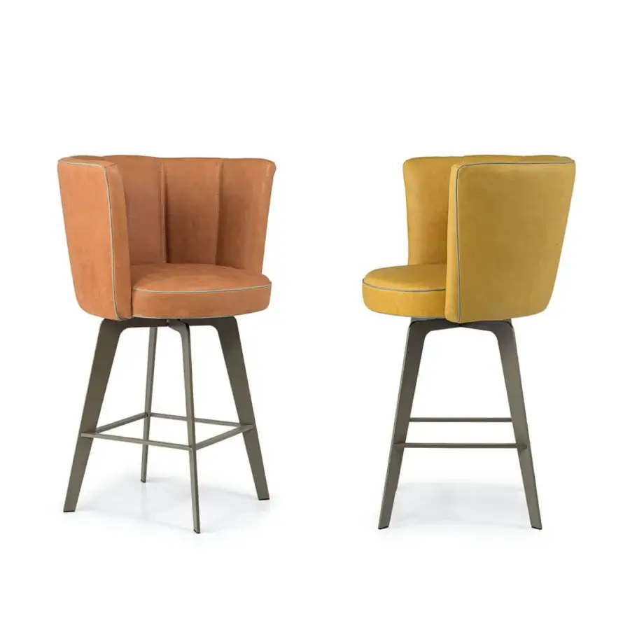 Refined Borzalino Diva stool with shell-shaped frame upholstered in tan-brown textile and lacquered metal base crafted with detailed stitching