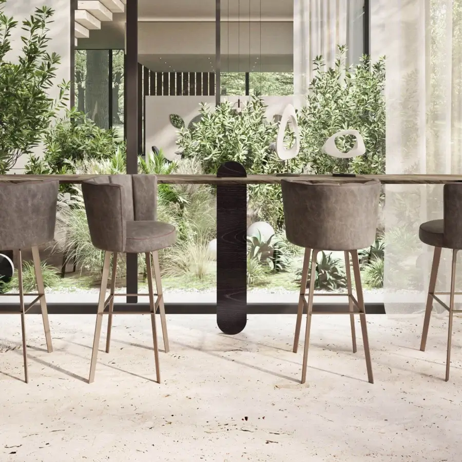 Distinguished Borzalino Diva stool with shell-shaped seat upholstered in muted brown textile and gold finished metal legs
