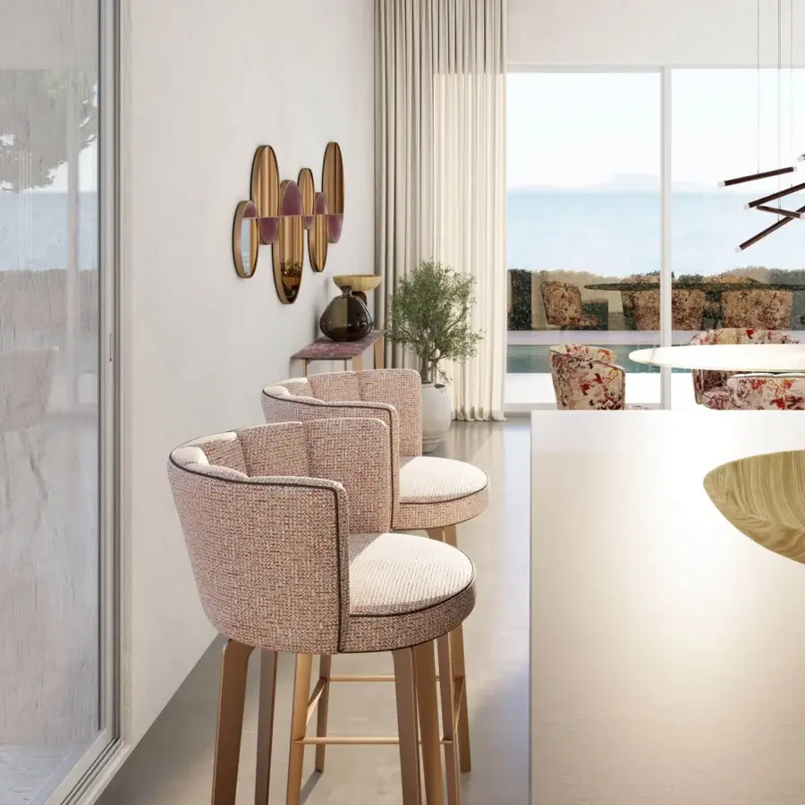 Exceptional Borzalino Diva stool with textured light orange fabric upholstery and lacquered metal legs with piping