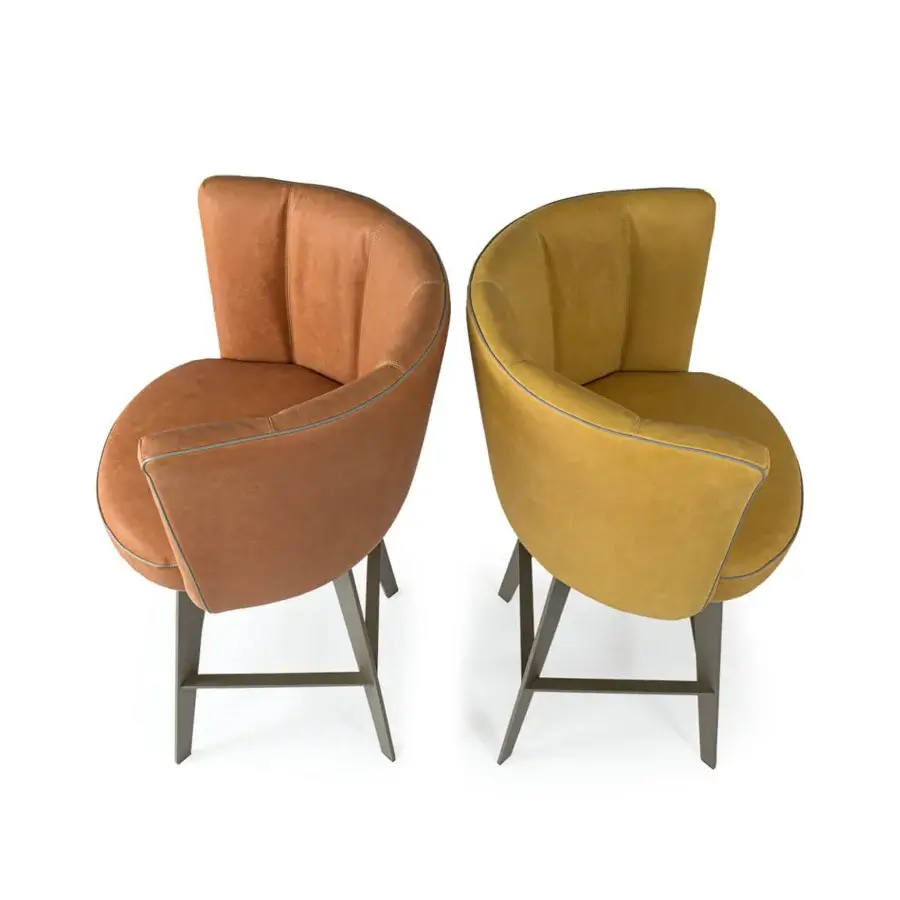 Elegant Borzalino Diva stool upholstered in smooth yellow textile with lacquered metal base and poplar plywood structure