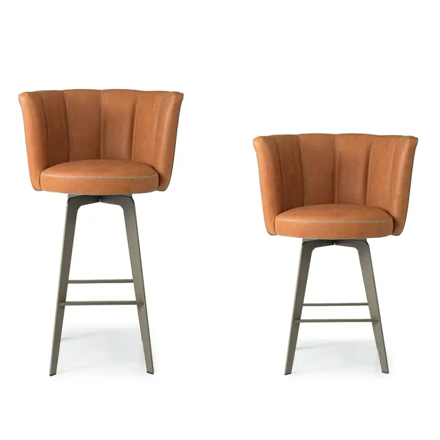 Distinguished Borzalino Diva stool in light brown upholstery with painted greyish-brown metal base and refined piping