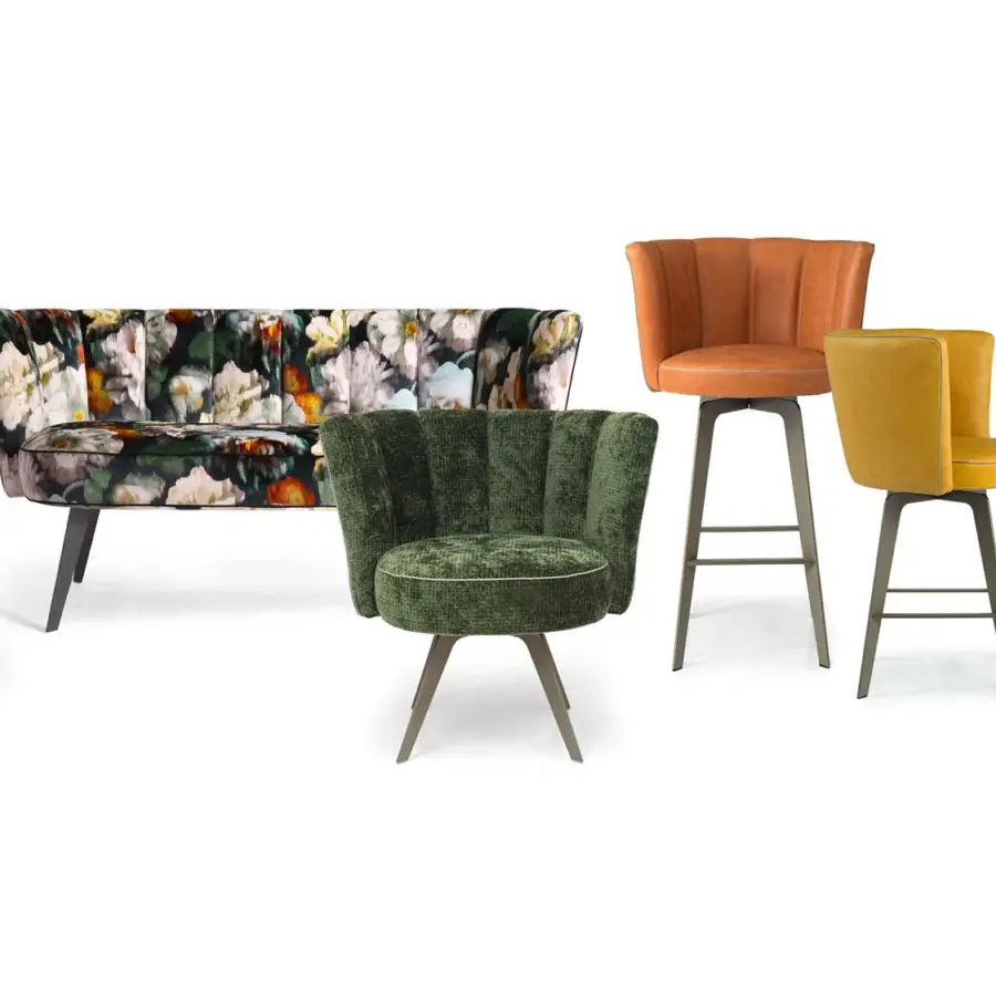 Exceptional Borzalino Diva stool with shell-shaped poplar plywood and vibrant orange textile upholstery with matte lacquer finish