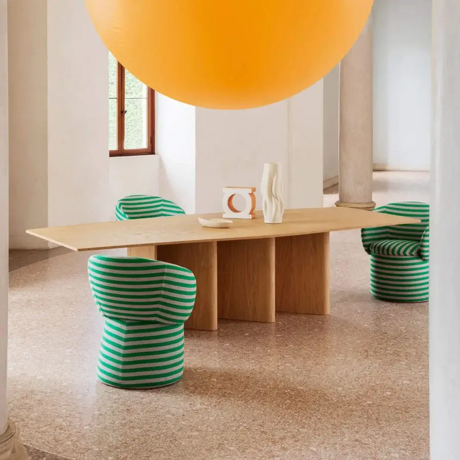 Exceptional Miniforms Nami table with sinuous bent wood base supporting a light-toned rectangular wooden top and warm natural finish