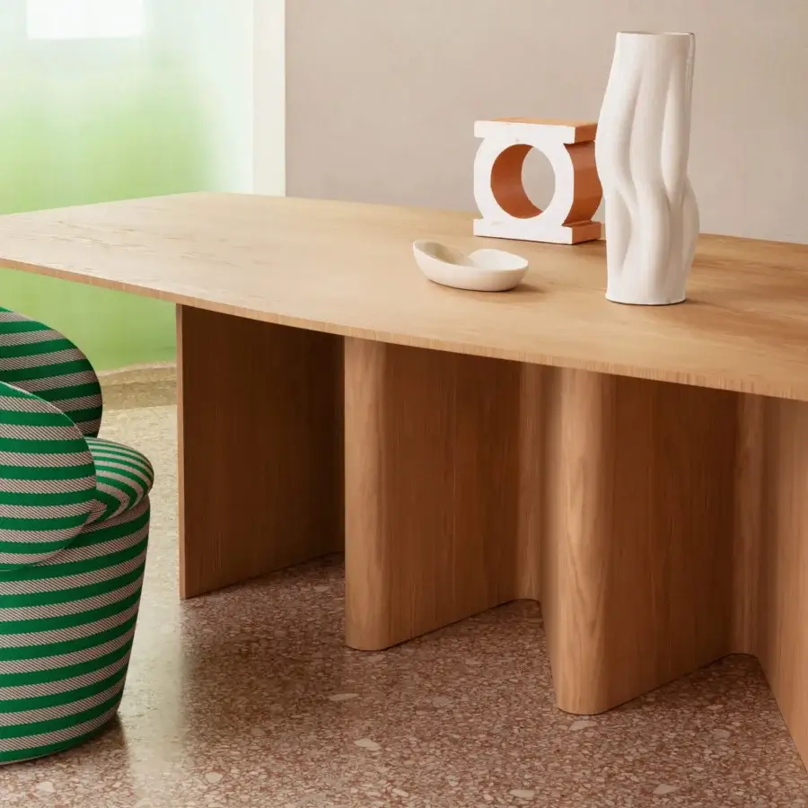 Superior Miniforms Nami table with sinuous bent wood base and rectangular tabletop in a light natural finish