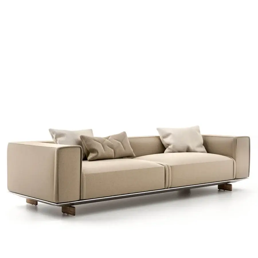 Distinguished Horm Coleman sofa with light tan textile upholstery, ecological aluminum frame and solid canaletto walnut feet