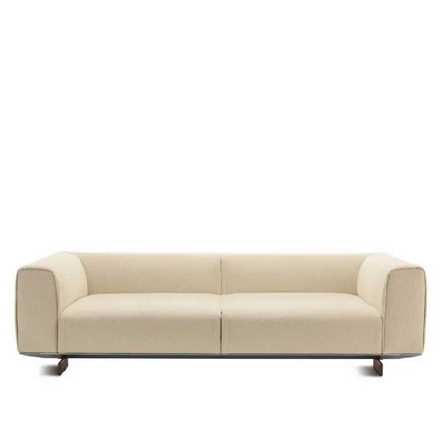 Exceptional Horm Coleman sofa with canaletto walnut legs and light beige textured textile upholstery crafted in Italy