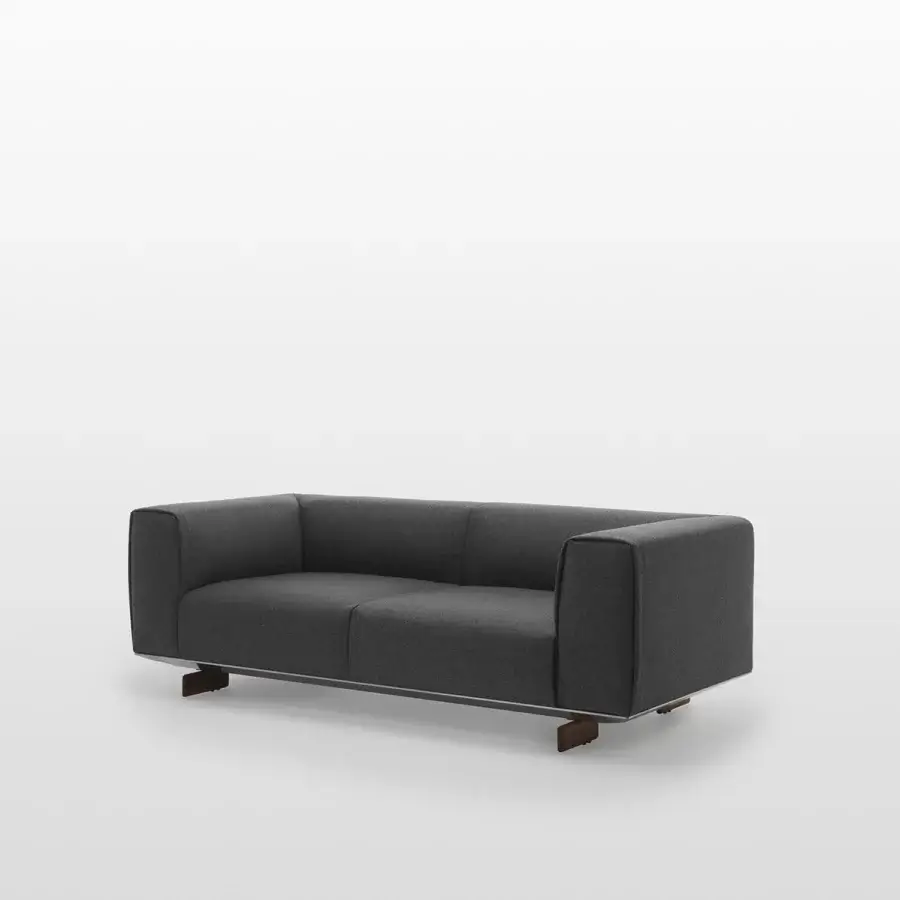 Distinguished Horm Coleman sofa with dark gray textile upholstery, aluminum frame and solid canaletto walnut feet