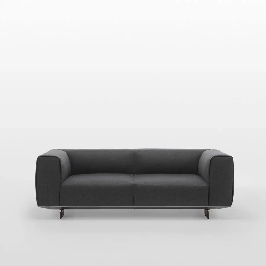 Superior Horm Coleman sofa with enveloping shapes, dark gray textile upholstery and solid canaletto walnut feet