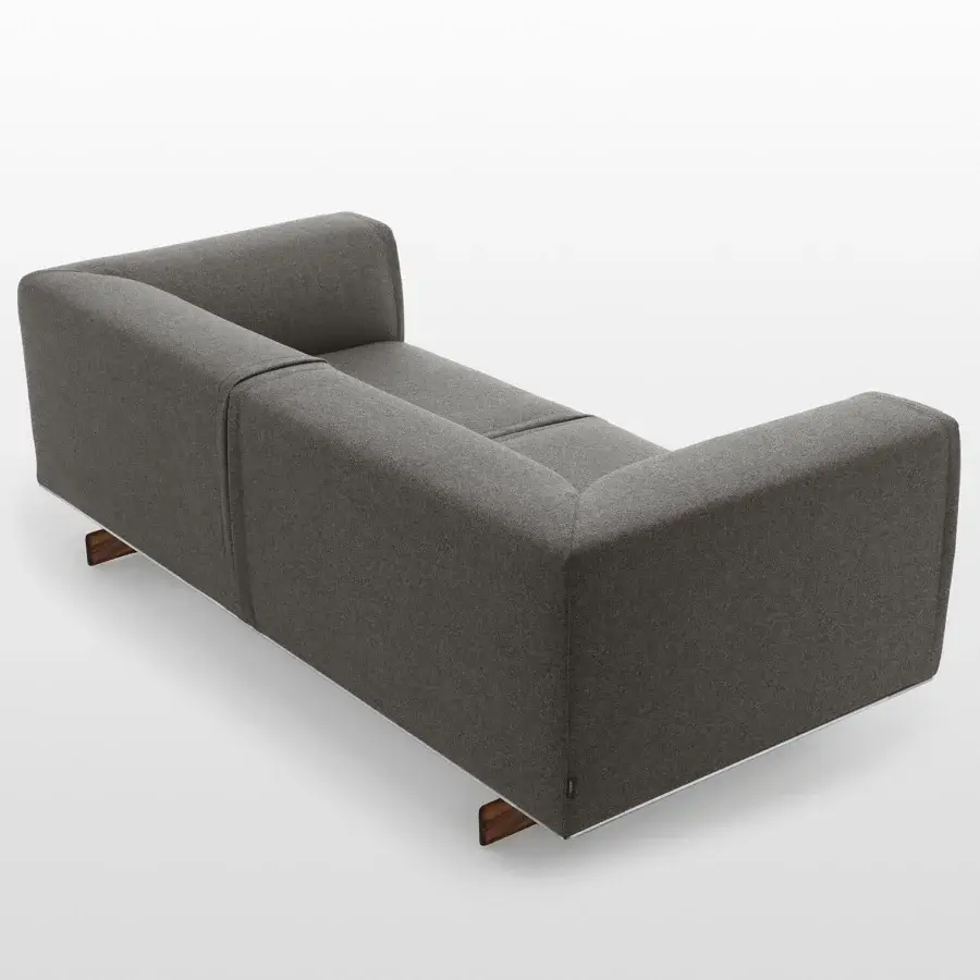 Distinguished Horm Coleman sofa with wide geometric proportions, matte gray textile upholstery and solid canaletto walnut feet
