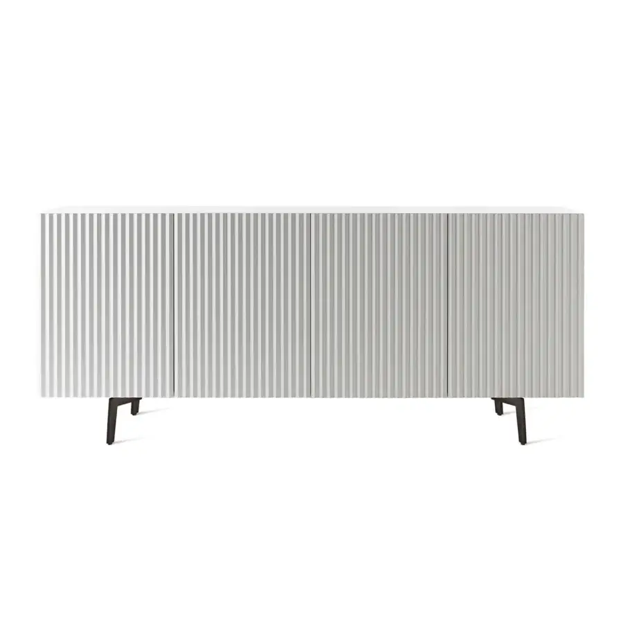 Distinguished Horm Leon sideboard with multi-colored stripes transforming to a uniform facade and dark L-shaped legs in matte white finish