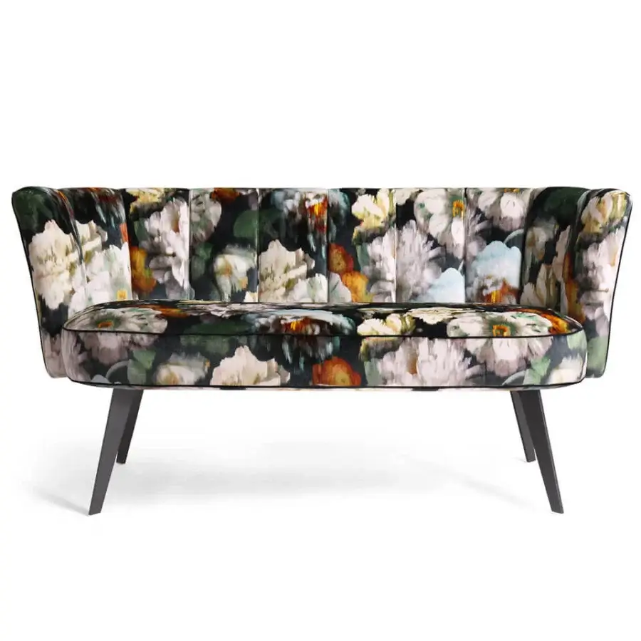Distinguished Borzalino Diva sofa with shell silhouette upholstered in floral textile and lacquered metal base
