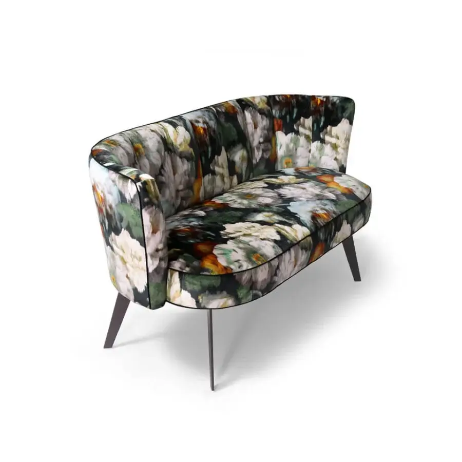 Exceptional Borzalino Diva sofa with shell-shaped silhouette upholstered in floral textile and lacquered metal base