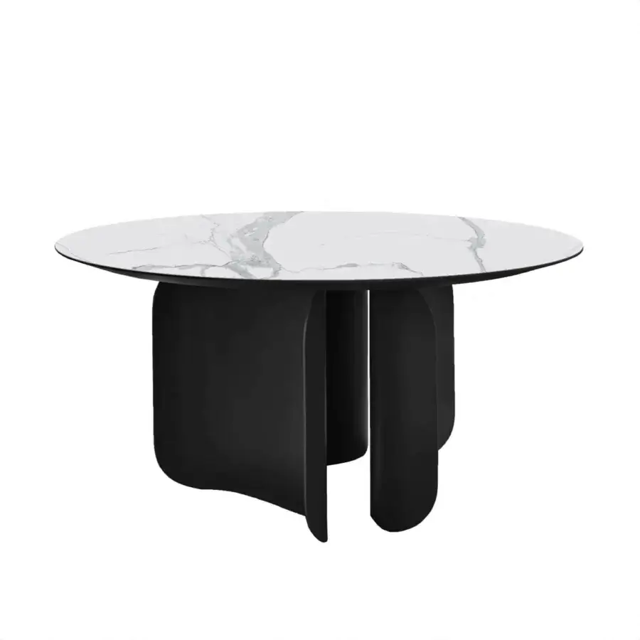 Exceptional Miniforms Barry table with a white tabletop exhibiting grey veining and a matte black curved base